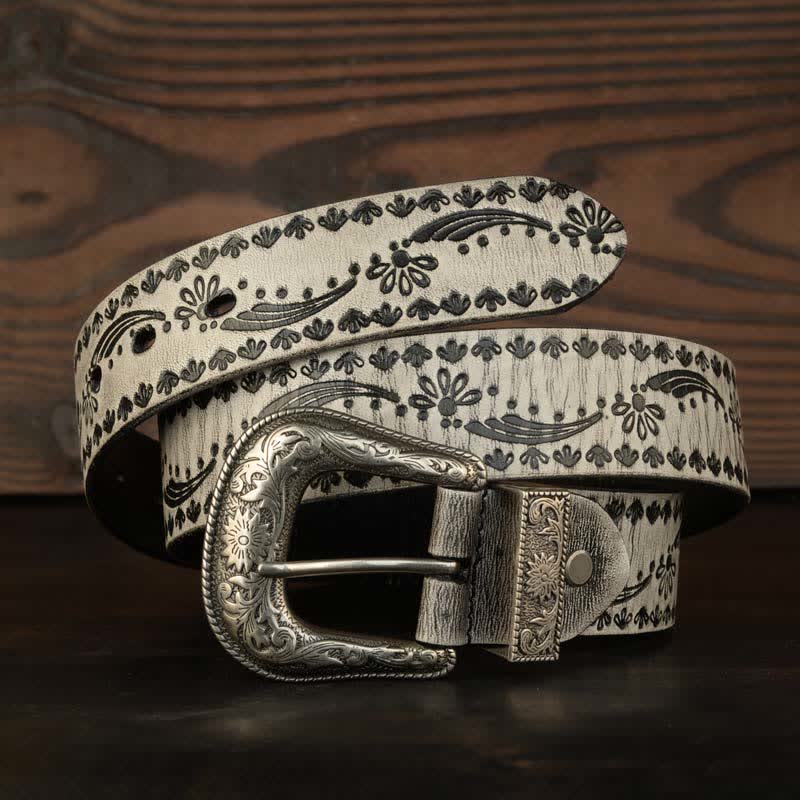 Western Style Floral Engraved Embossed Leather Belt - image 0