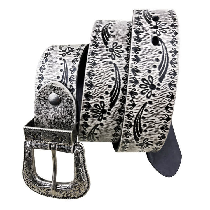 Western Style Floral Engraved Embossed Leather Belt - Gray - 44 - image 1