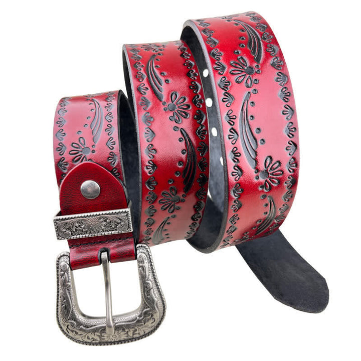 Western Style Floral Engraved Embossed Leather Belt - Red - 44 - image 9