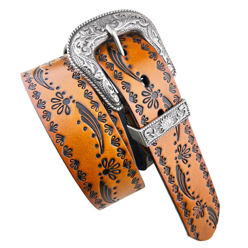 Western Style Floral Engraved Embossed Leather Belt - image 5