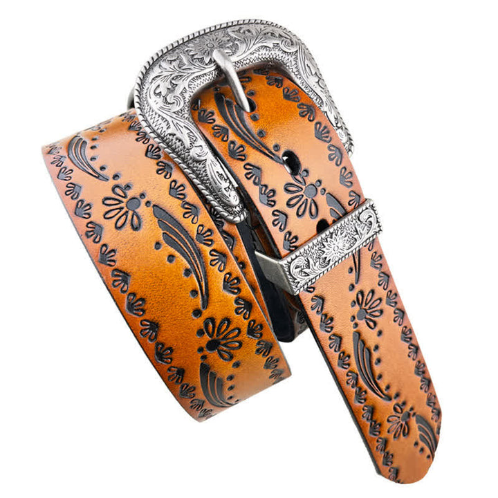 Western Style Floral Engraved Embossed Leather Belt - image 5