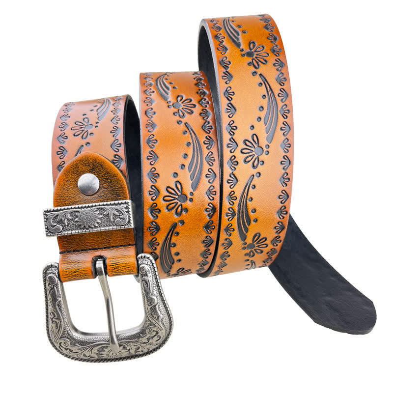 Western Style Floral Engraved Embossed Leather Belt - Orange - 44 - image 4