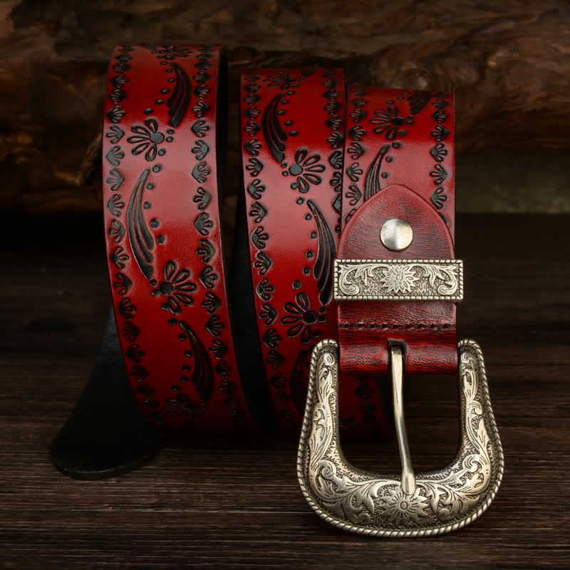 Western Style Floral Engraved Embossed Leather Belt - image 11