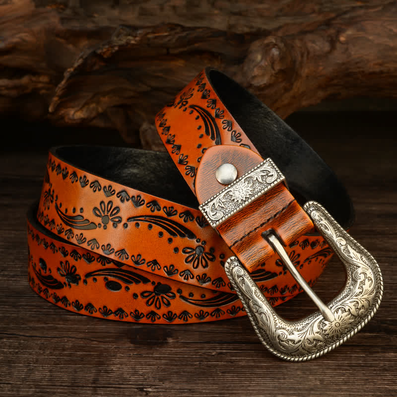 Western Style Floral Engraved Embossed Leather Belt - image 6