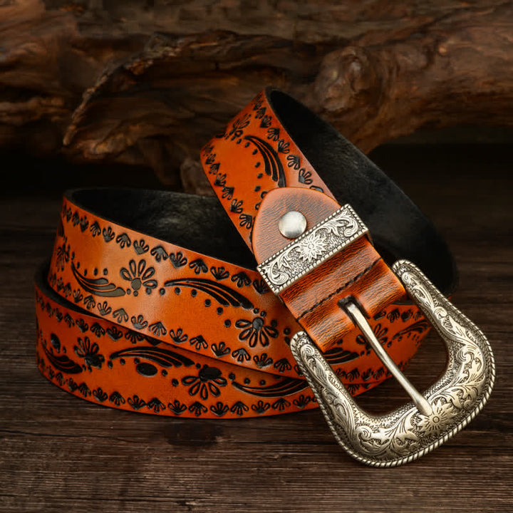 Western Style Floral Engraved Embossed Leather Belt - image 6