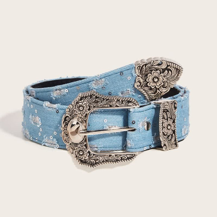 Trendy Unique Engraved Flower Buckle Denim Belt - Blue - 34 - image 5