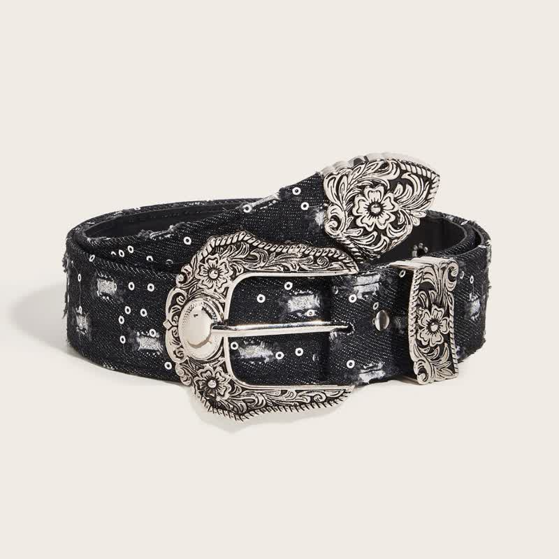 Trendy Unique Engraved Flower Buckle Denim Belt - Black - 34 - image 0