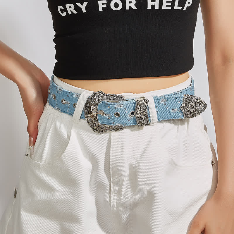 Trendy Unique Engraved Flower Buckle Denim Belt - image 6