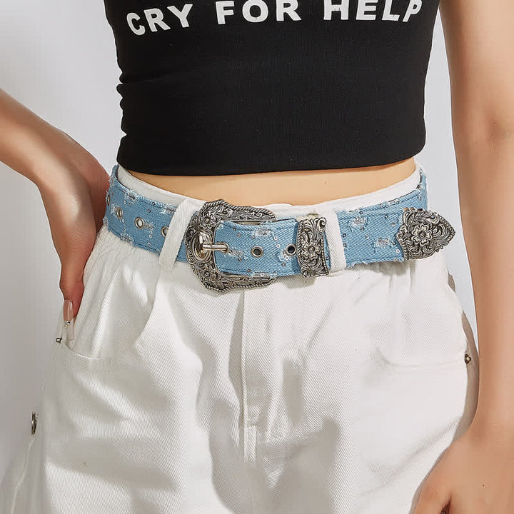 Trendy Unique Engraved Flower Buckle Denim Belt - image 6
