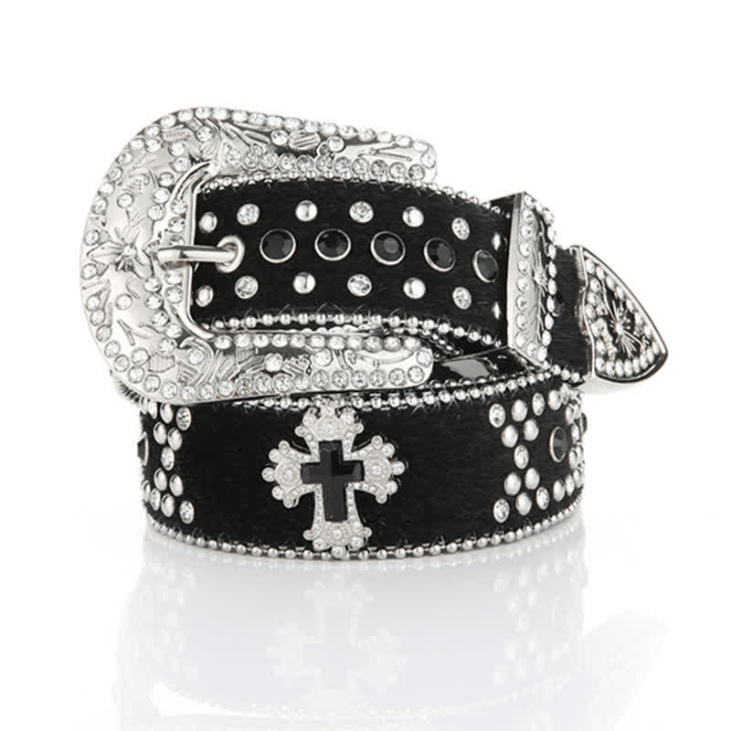 Black Cross Rivet Engraved Buckle Rhinestone Decor Leather Belt - Black - 36 - image 0