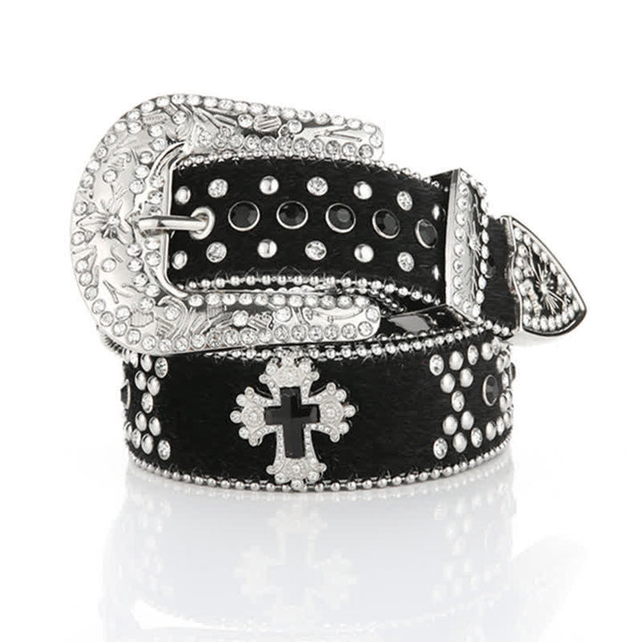 Black Cross Rivet Engraved Buckle Rhinestone Decor Leather Belt - Black - 36 - image 0