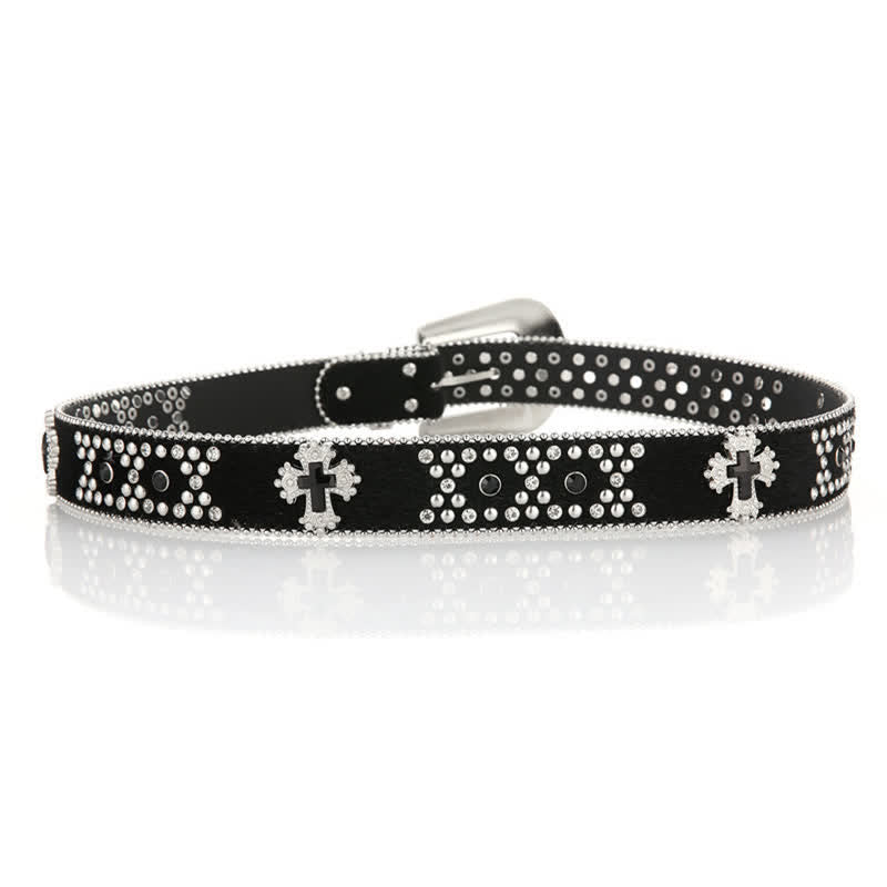 Black Cross Rivet Engraved Buckle Rhinestone Decor Leather Belt - image 1