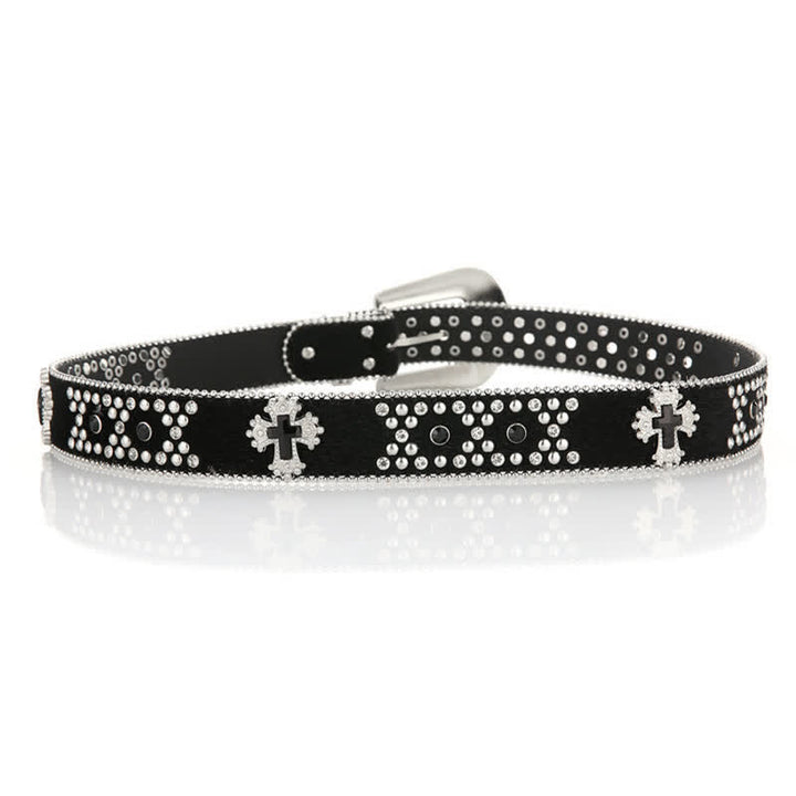 Black Cross Rivet Engraved Buckle Rhinestone Decor Leather Belt - image 1