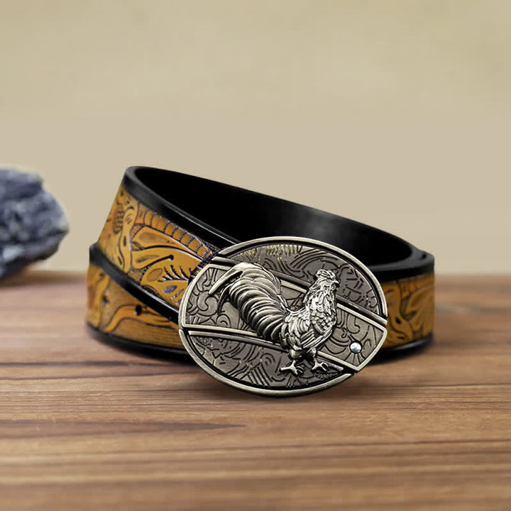 Men's DIY Rooster Hidden Folding Knife Leather Belt