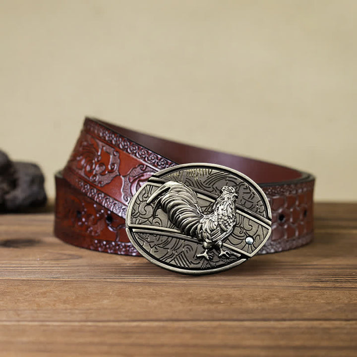 Men's DIY Rooster Hidden Folding Knife Leather Belt