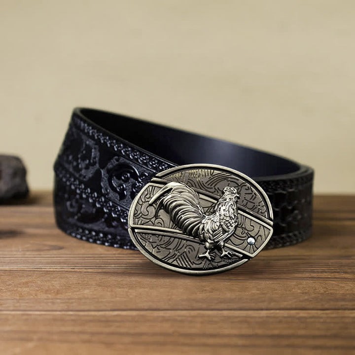Men's DIY Rooster Hidden Folding Knife Leather Belt