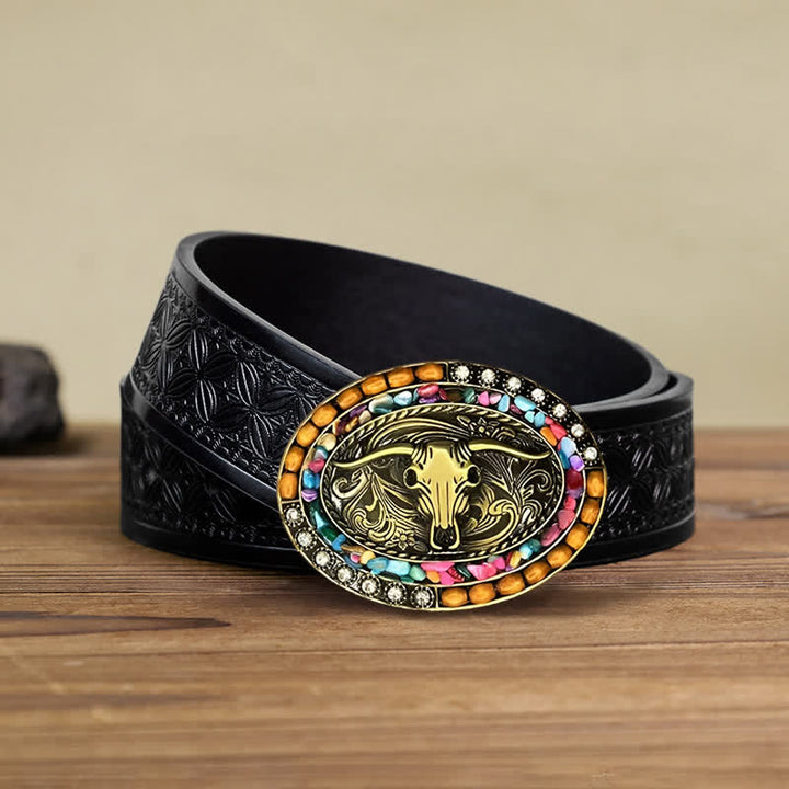 Men's DIY Good Luck Bull Wood Beads Buckle Leather Belt - Bull - Black Embossed Weave Belt (40) - image 4