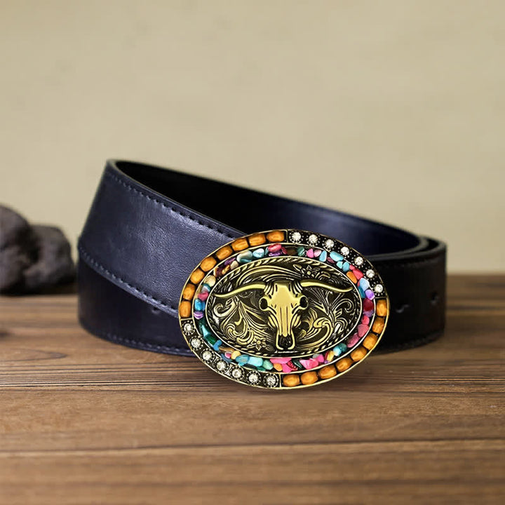 Men's DIY Good Luck Bull Wood Beads Buckle Leather Belt - Bull - Black PU Belt (40) - image 2