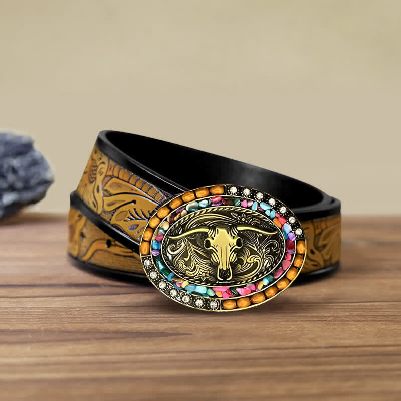 Men's DIY Good Luck Bull Wood Beads Buckle Leather Belt - Bull - SandyBrown Belt (40) - image 7