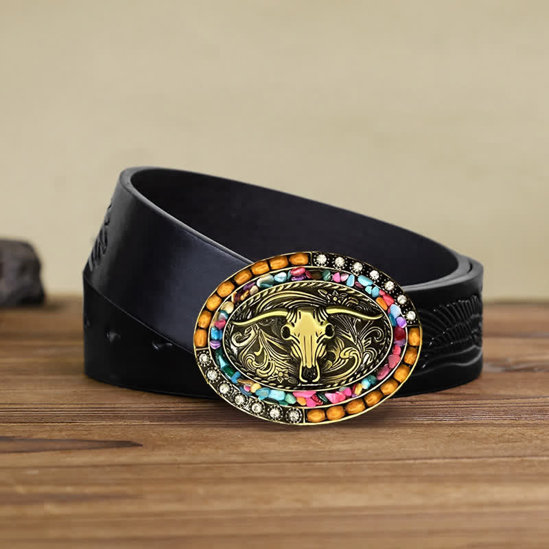 Men's DIY Good Luck Bull Wood Beads Buckle Leather Belt - Bull - Black Embossed Eagle Belt (40) - image 3