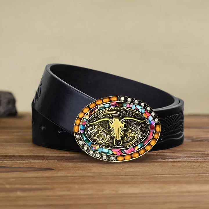 Men's DIY Good Luck Bull Wood Beads Buckle Leather Belt - Bull - Black Embossed Eagle Belt (40) - image 3