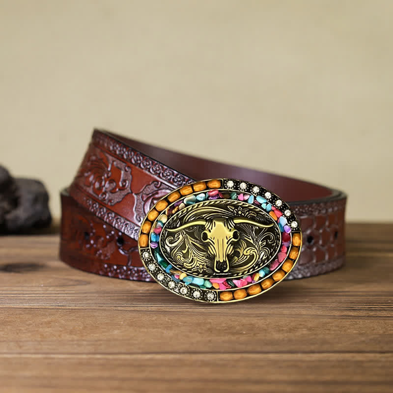 Men's DIY Good Luck Bull Wood Beads Buckle Leather Belt - Bull - Brown Carved Belt (40) - image 6