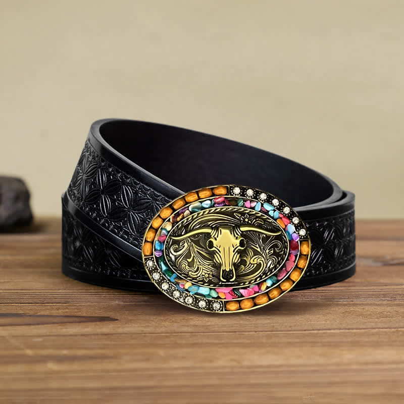 Men's DIY Good Luck Bull Wood Beads Buckle Leather Belt - Bull - Black Embossed Weave Belt (40) - image 4
