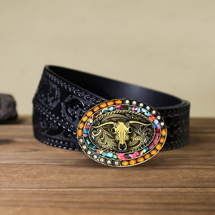Men's DIY Good Luck Bull Wood Beads Buckle Leather Belt - Bull - Black Carved Belt (40) - image 5