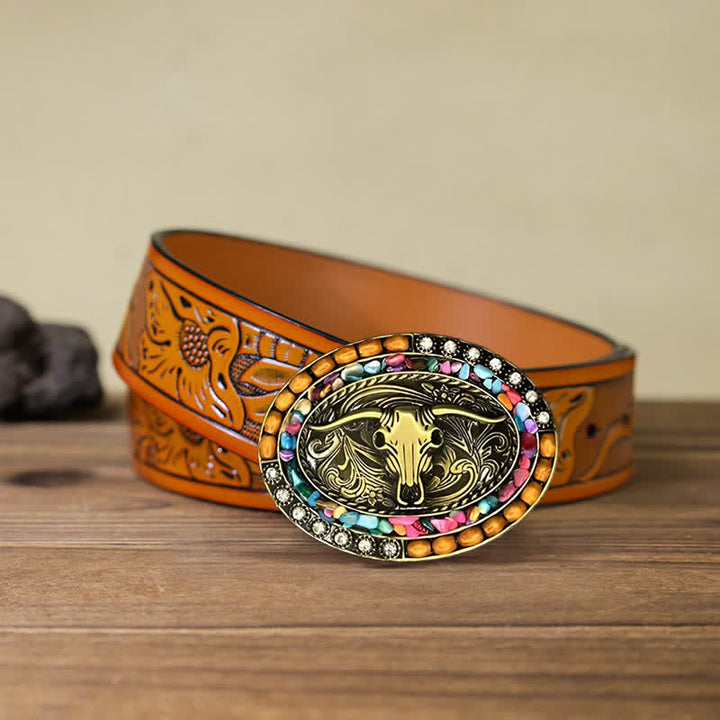 Men's DIY Good Luck Bull Wood Beads Buckle Leather Belt - Bull - Orange Carved Belt (40) - image 8