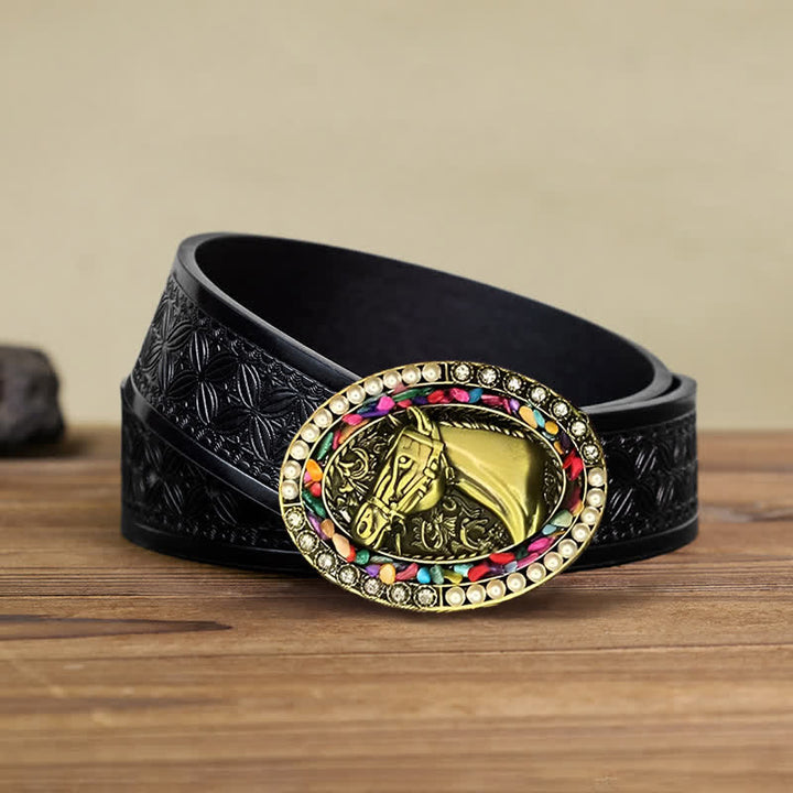 Men's DIY Bronze Horse Pearl Stone Buckle Leather Belt - Horse - Black Embossed Weave Belt (40) - image 4