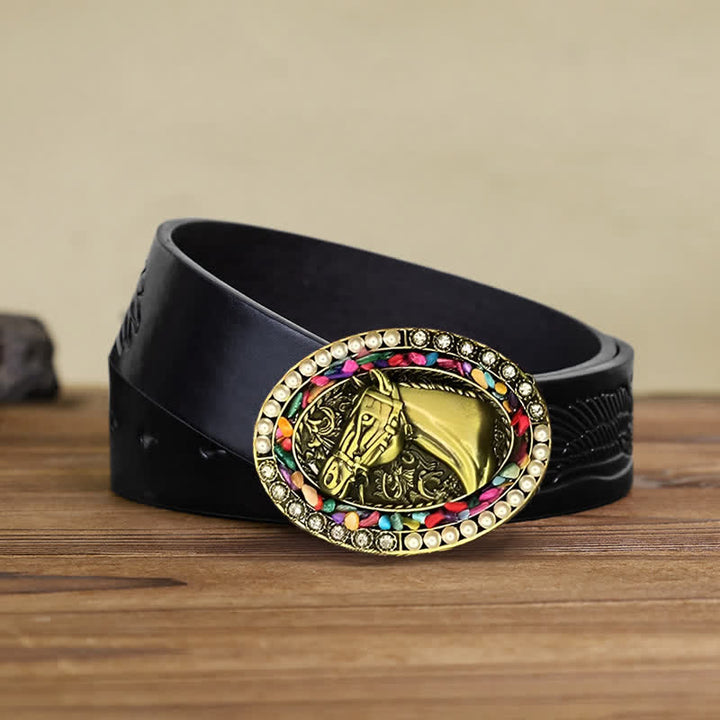 Men's DIY Bronze Horse Pearl Stone Buckle Leather Belt - Horse - Black Embossed Eagle Belt (40) - image 3