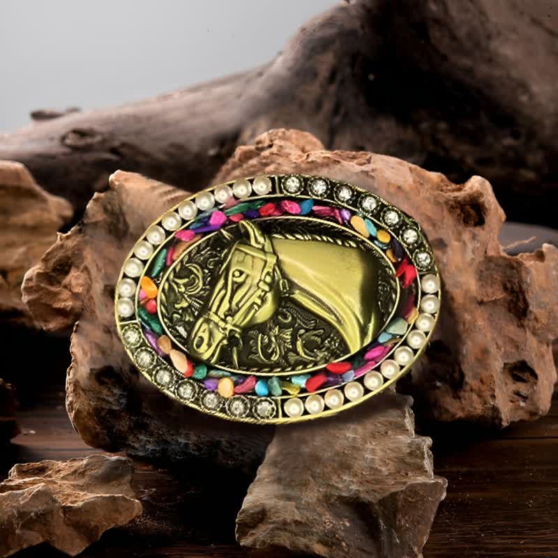 Men's DIY Bronze Horse Pearl Stone Buckle Leather Belt - Horse - Without Belt - image 0