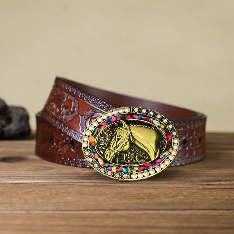 Men's DIY Bronze Horse Pearl Stone Buckle Leather Belt - Horse - Brown Carved Belt (40) - image 6