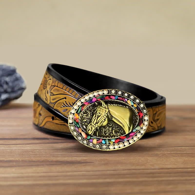 Men's DIY Bronze Horse Pearl Stone Buckle Leather Belt - Horse - SandyBrown Belt (40) - image 7