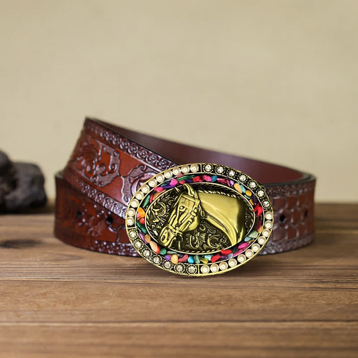 Men's DIY Bronze Horse Pearl Stone Buckle Leather Belt - Horse - Brown Carved Belt (40) - image 6