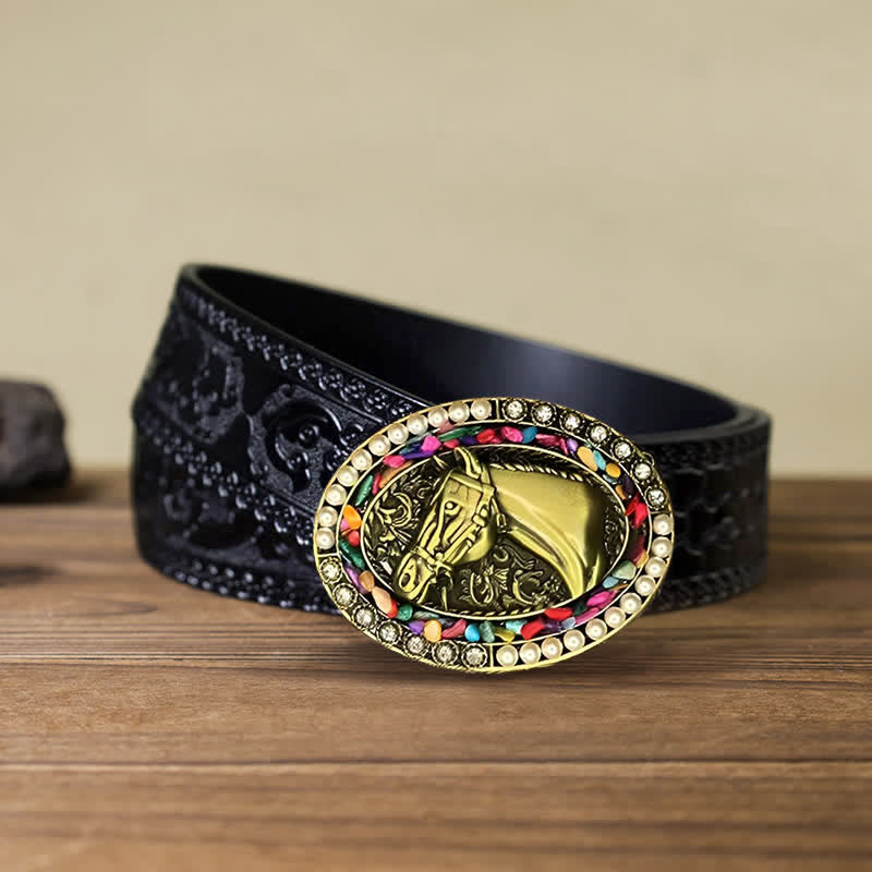 Men's DIY Bronze Horse Pearl Stone Buckle Leather Belt - Horse - Black Carved Belt (40) - image 5