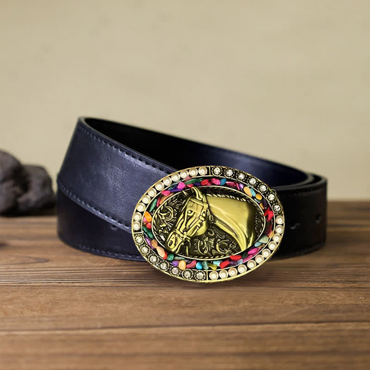 Men's DIY Bronze Horse Pearl Stone Buckle Leather Belt - Horse - Black PU Belt (40) - image 2