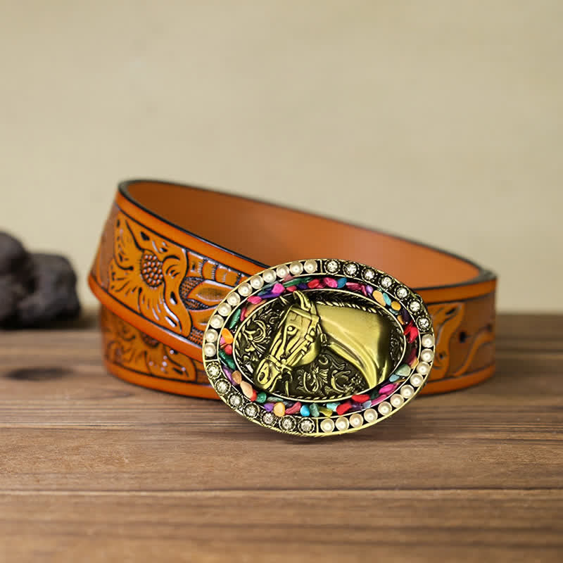 Men's DIY Bronze Horse Pearl Stone Buckle Leather Belt - Horse - Orange Carved Belt (40) - image 8