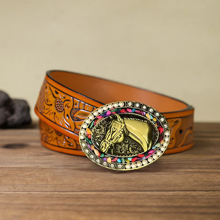 Men's DIY Bronze Horse Pearl Stone Buckle Leather Belt - Horse - Orange Carved Belt (40) - image 8