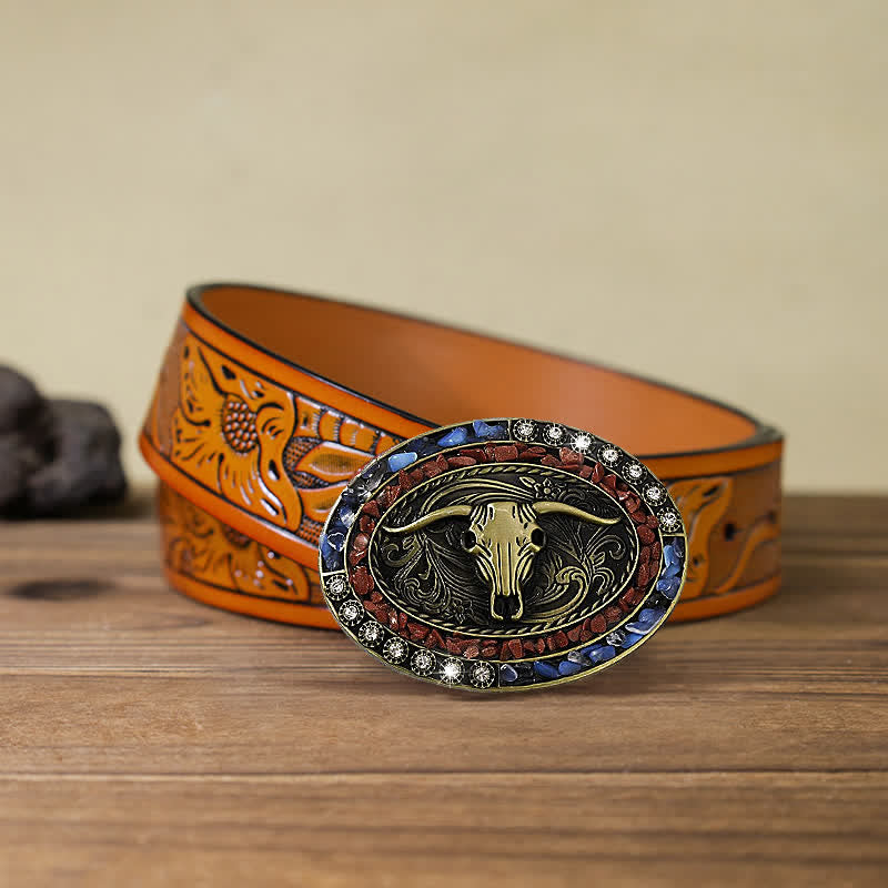 Men's DIY Burgundy & Blue Stones Bull Buckle Leather Belt - Bull - Orange Carved Belt (40) - image 10