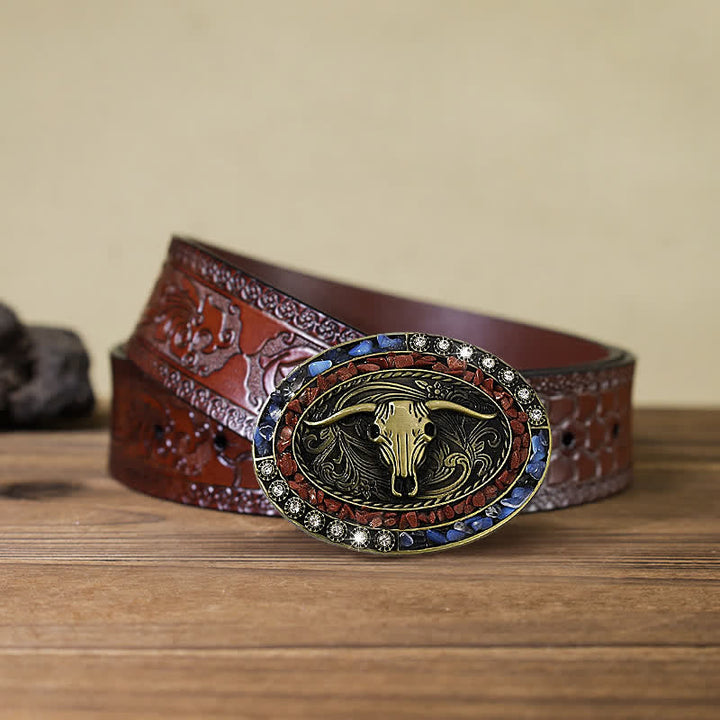 Men's DIY Burgundy & Blue Stones Bull Buckle Leather Belt - Bull - Brown Carved Belt (40) - image 8