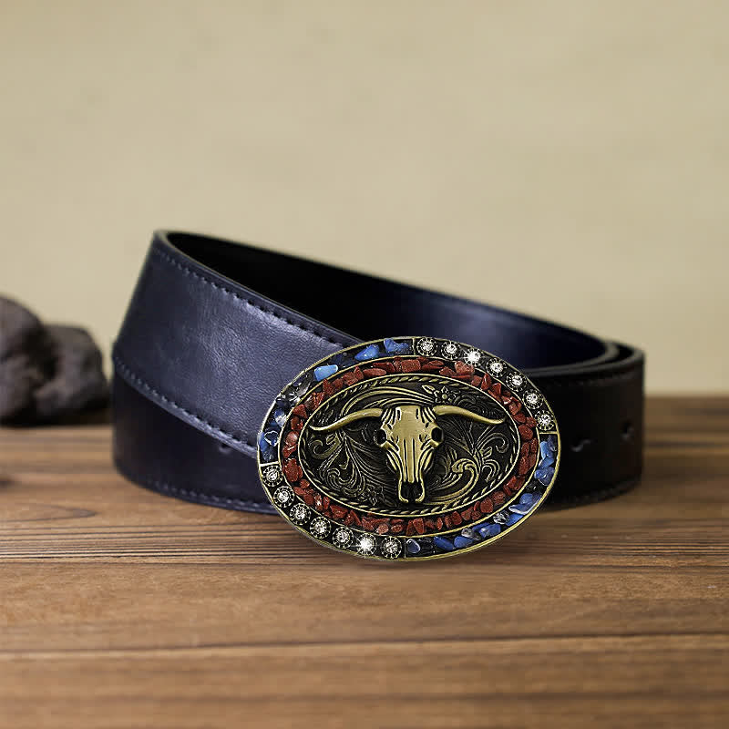Men's DIY Burgundy & Blue Stones Bull Buckle Leather Belt - Bull - Black PU Belt (40) - image 4
