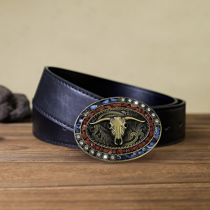 Men's DIY Burgundy & Blue Stones Bull Buckle Leather Belt - Bull - Black PU Belt (40) - image 4