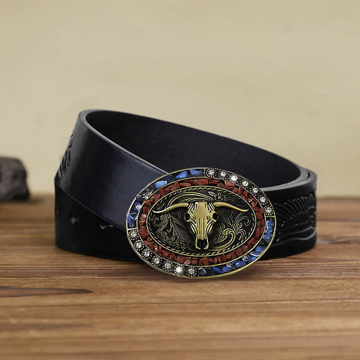 Men's DIY Burgundy & Blue Stones Bull Buckle Leather Belt - Bull - Black Embossed Eagle Belt (40) - image 5