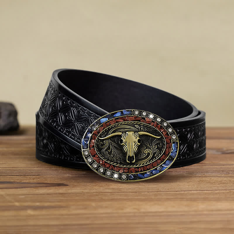 Men's DIY Burgundy & Blue Stones Bull Buckle Leather Belt - Bull - Black Embossed Weave Belt (40) - image 6