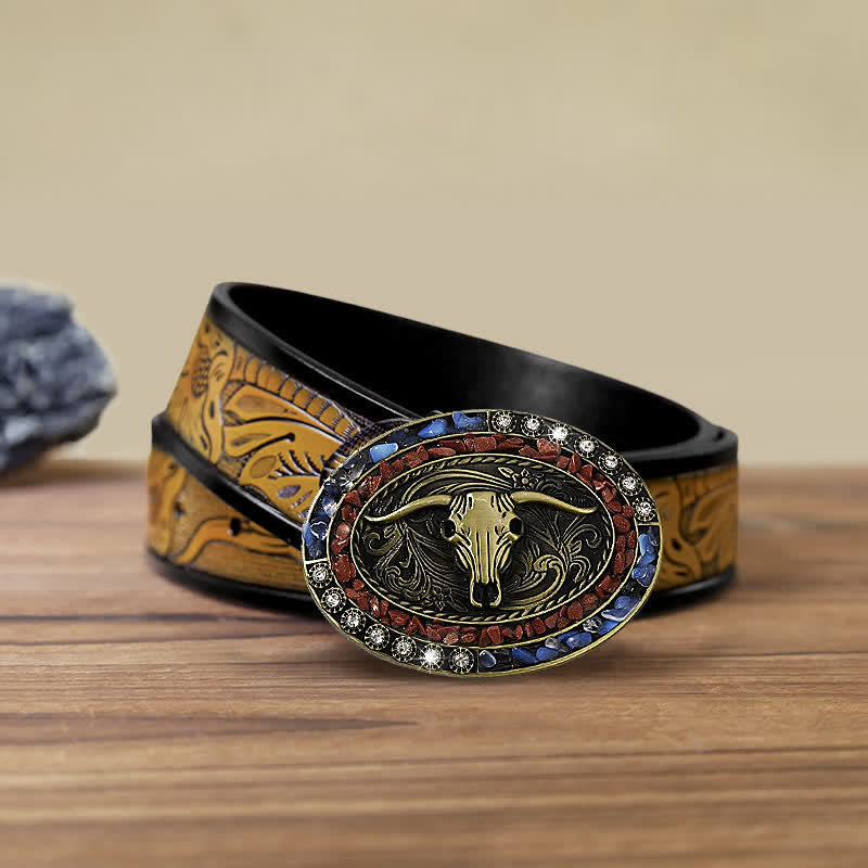Men's DIY Burgundy & Blue Stones Bull Buckle Leather Belt - Bull - SandyBrown Belt (40) - image 9