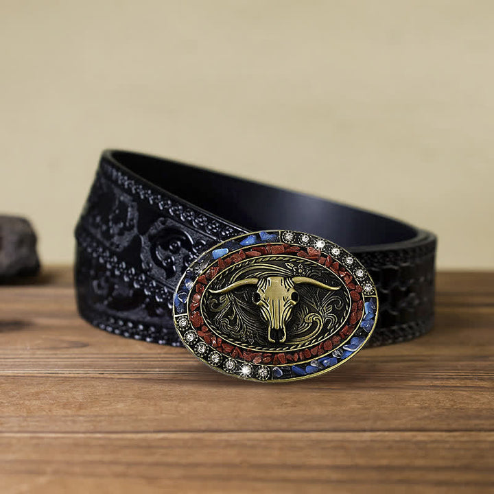 Men's DIY Burgundy & Blue Stones Bull Buckle Leather Belt - Bull - Black Carved Belt (40) - image 7