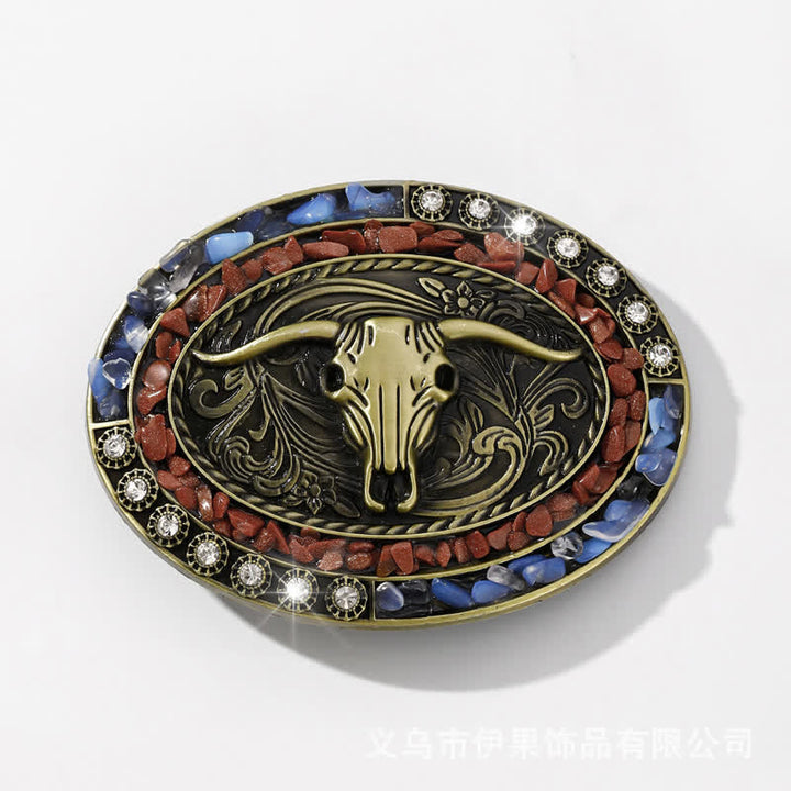 Men's DIY Burgundy & Blue Stones Bull Buckle Leather Belt - image 2