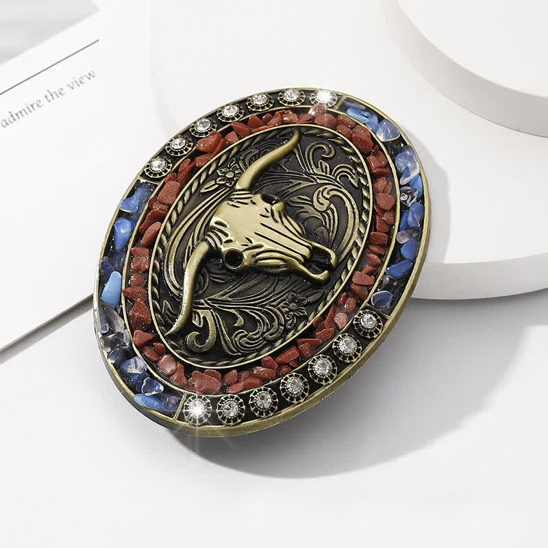 Men's DIY Burgundy & Blue Stones Bull Buckle Leather Belt - image 3