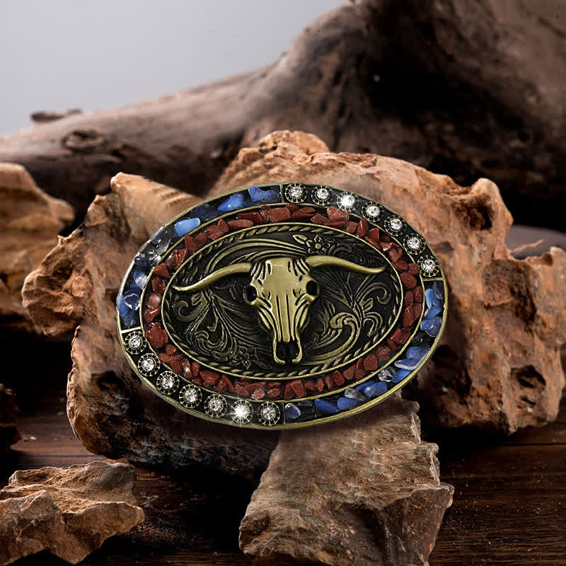Men's DIY Burgundy & Blue Stones Bull Buckle Leather Belt - Bull - Without Belt - image 0